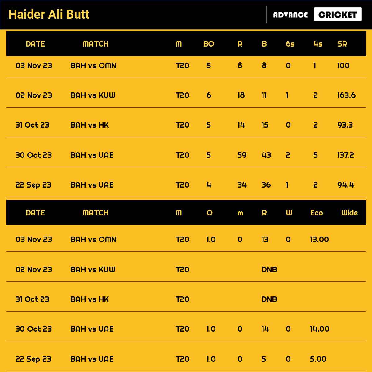 Haider Ali Butt recent matches