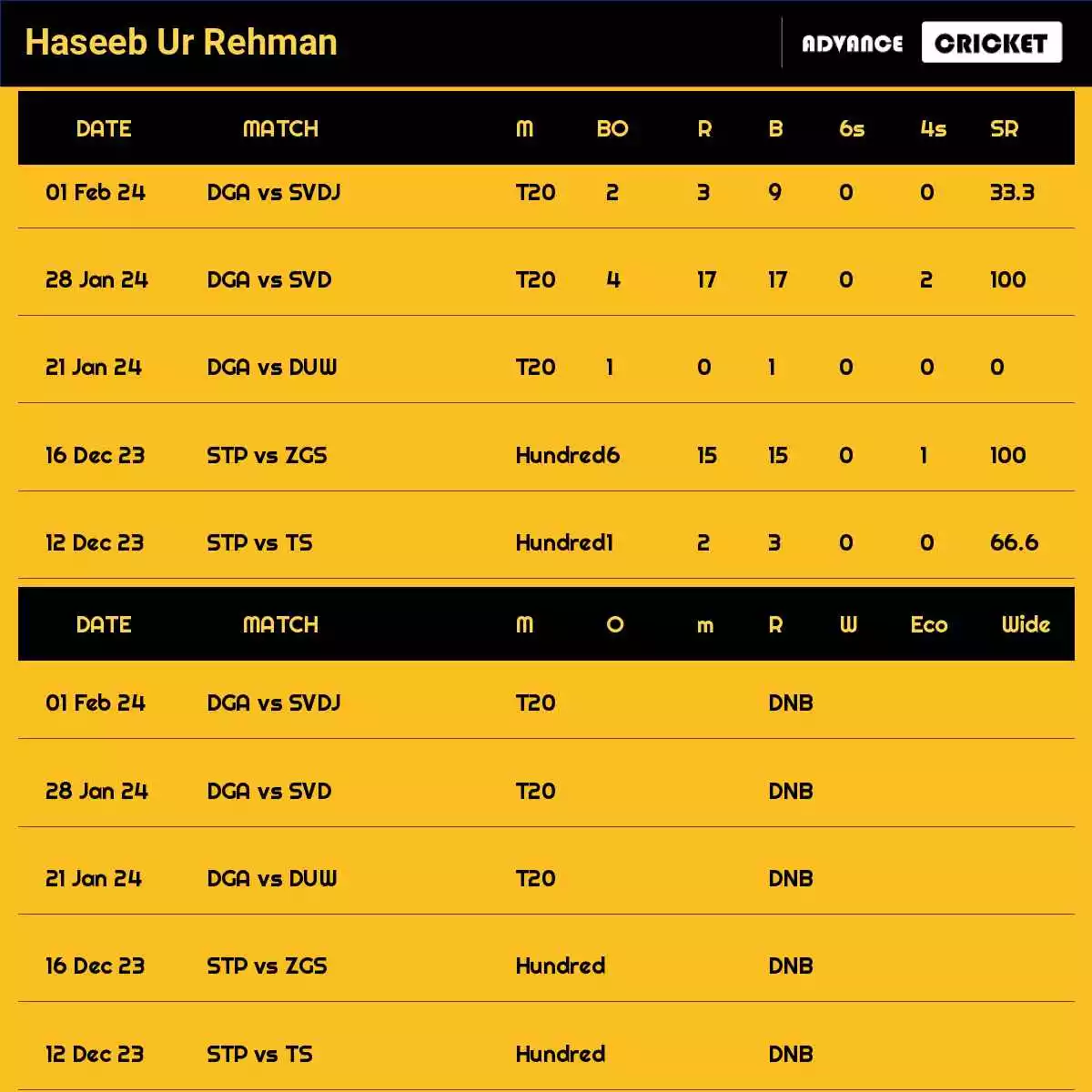 Haseeb Ur Rehman Recent Matches Details Date Wise