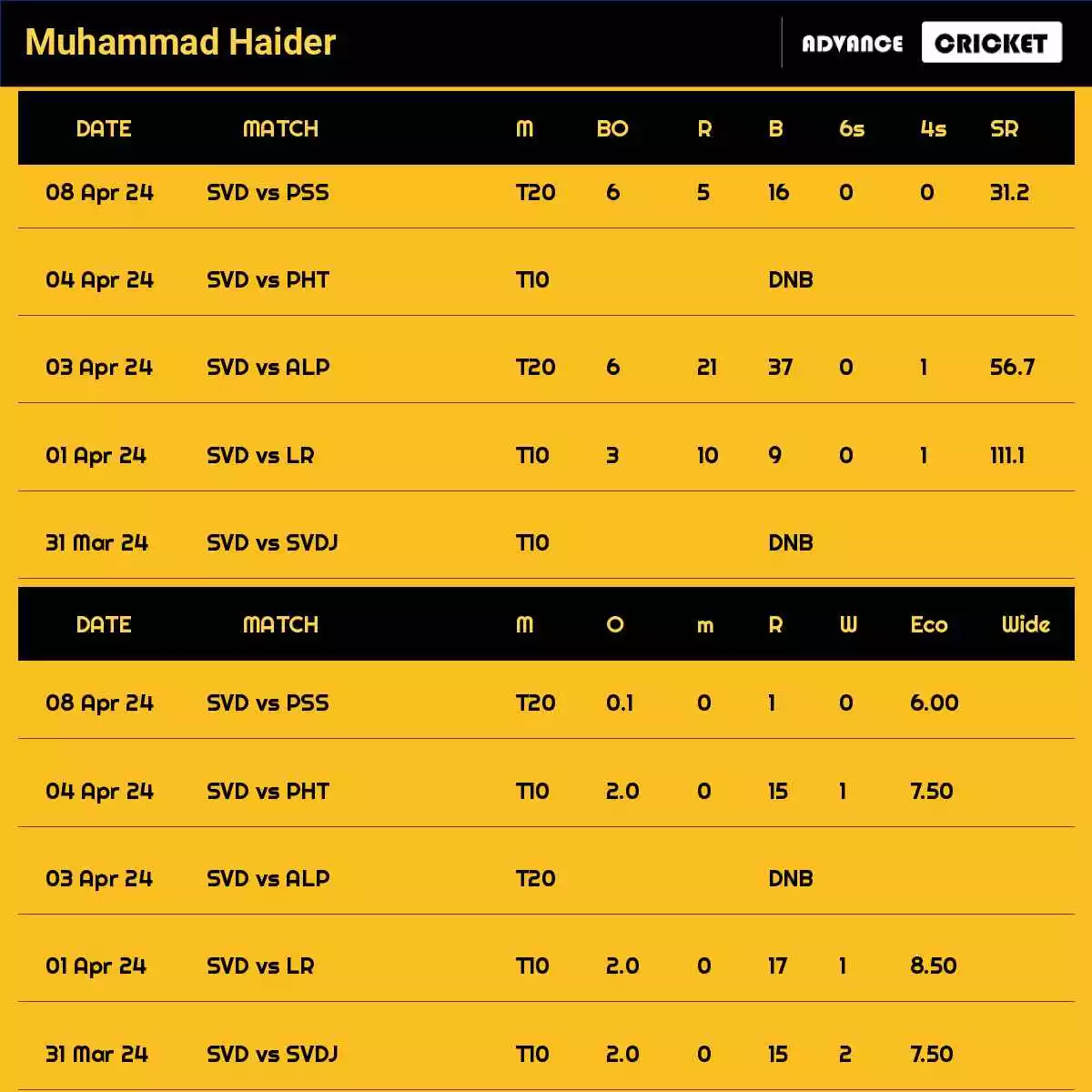 Muhammad Haider Recent Matches Details Date Wise