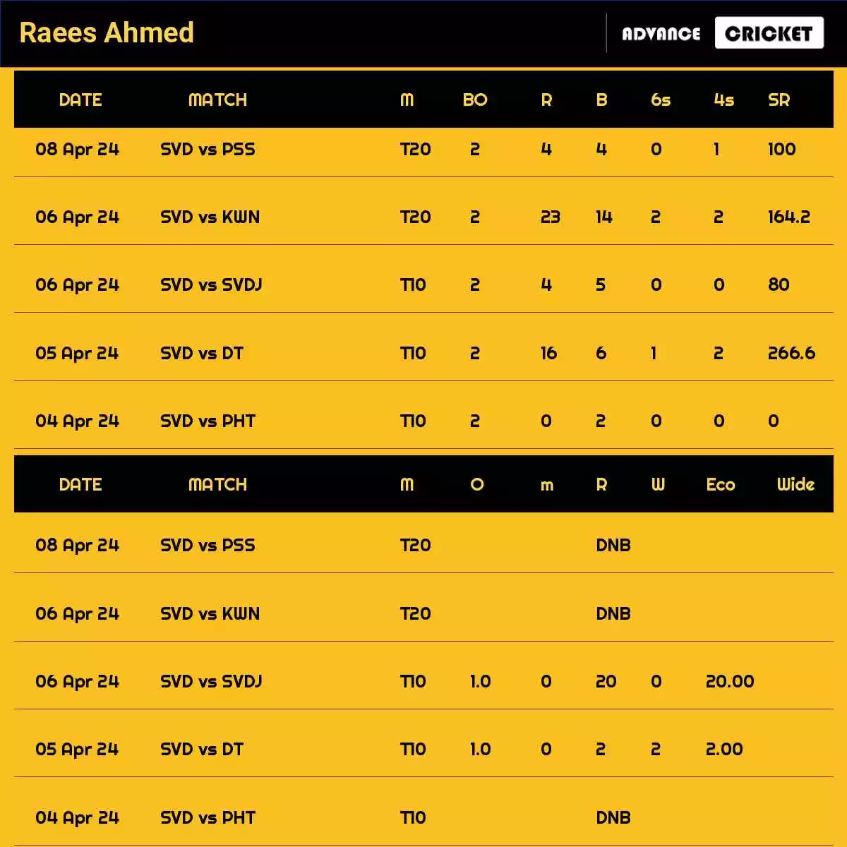 Raees Ahmed Recent Matches Details Date Wise